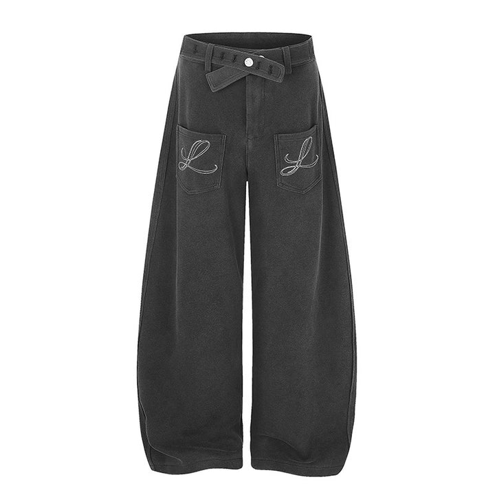 Damen Weite High‑Waist Palazzo-Jogginghose mit aufgesetzten Taschen, Zierstickerei und verstellbarem Gürtel Echoarchiv