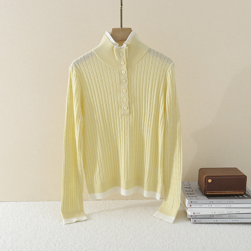 Damen Feinstrick-Polo-Pullover mit Rippstruktur, Stehkragen und Knopfleiste Echo Archiv