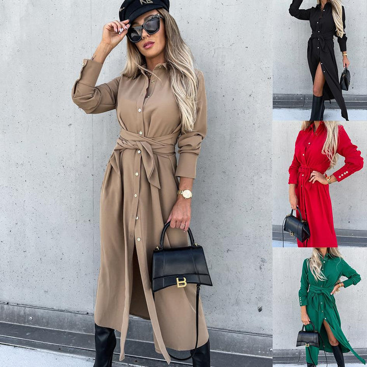 Damen Tailliertes Hemdblusen-Midikleid mit Bindegürtel, Manschetten und Frontschlitz Echoarchiv