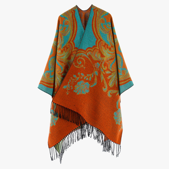 Damen Barock‑Jacquard Cape mit asymmetrischem Zipfelsaum und Fransen – Avérine