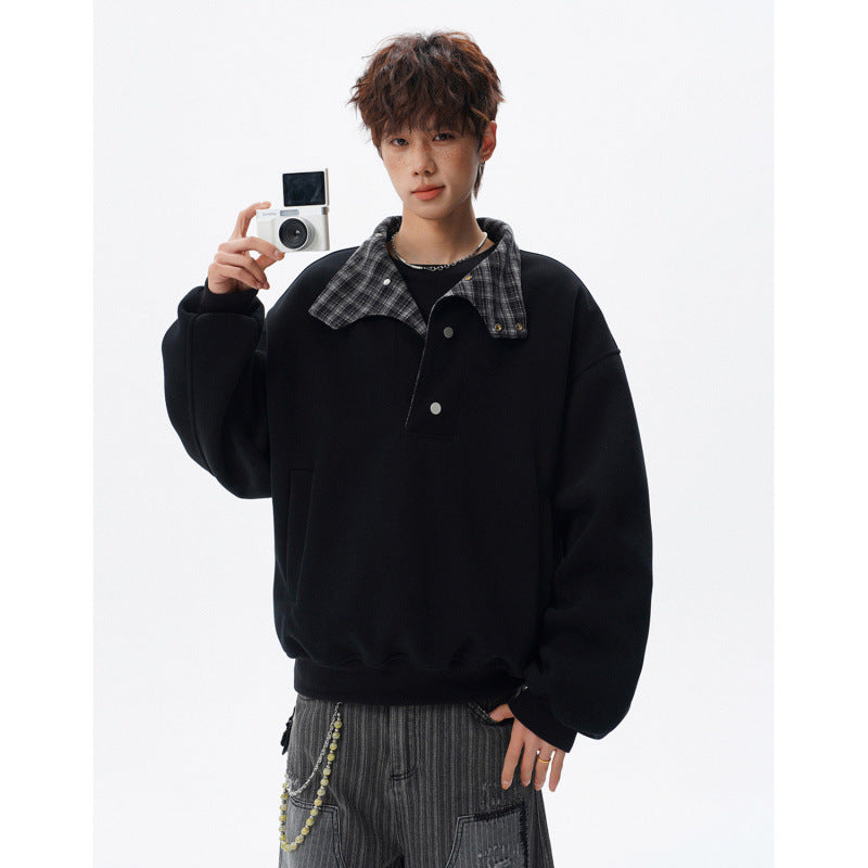 Unisex Oversized Sweatshirt mit abnehmbarem Karo-Kragen und Druckknopfleiste – Norvane