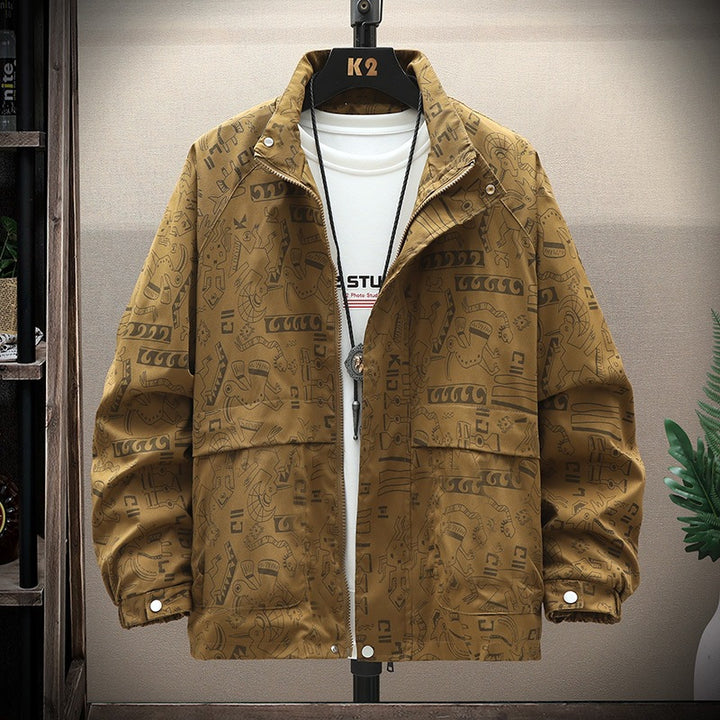 Herren leichte Overshirt-Utility-Jacke mit Allover-Print, Stehkragen & verdecktem Reißverschluss Echoarchiv