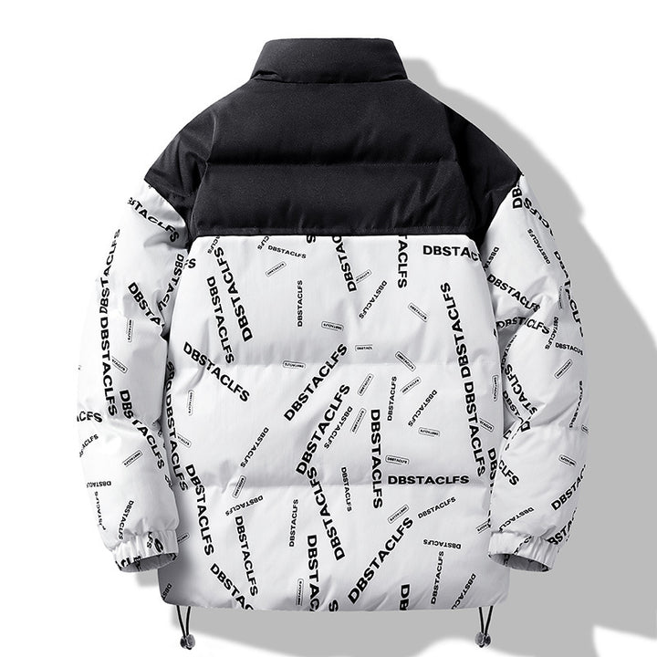 Herren Gepolsterte Steppjacke mit grafischem Schrift-Print, Stehkragen und verstellbarem Saum Echo Archiv