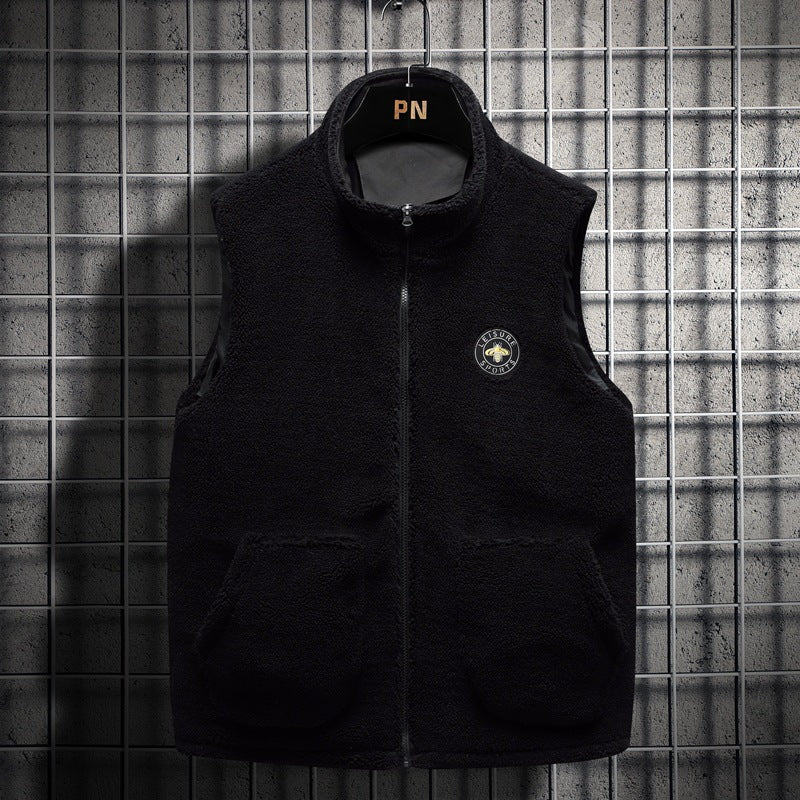 Herren Teddy-Fleece-Weste mit Stehkragen, Reißverschluss und aufgesetzten Taschen – Marzano
