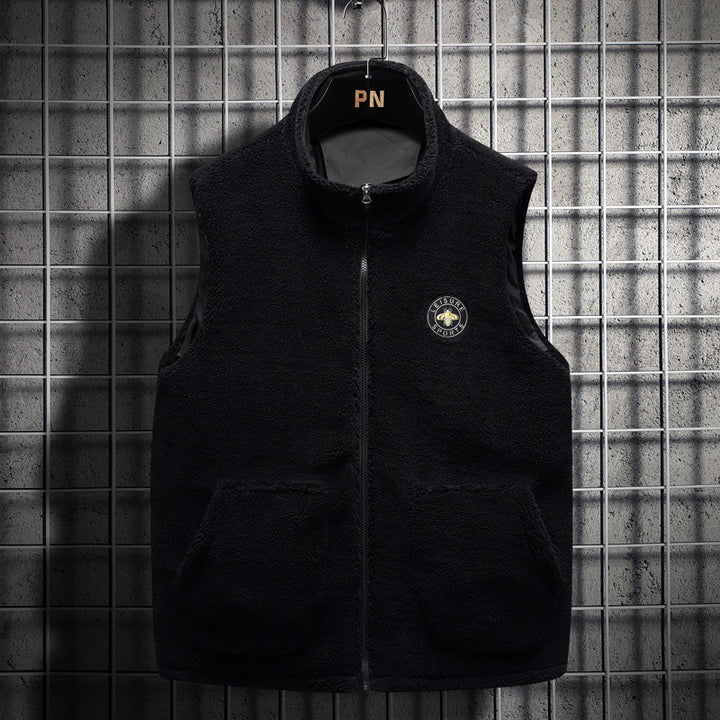 Herren Teddy-Fleece-Weste mit Stehkragen, Reißverschluss und aufgesetzten Taschen – Marzano