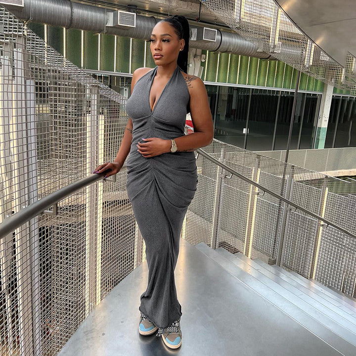 Damen Elegantes Maxikleid mit tiefem V-Ausschnitt und Raffung Echo Archiv