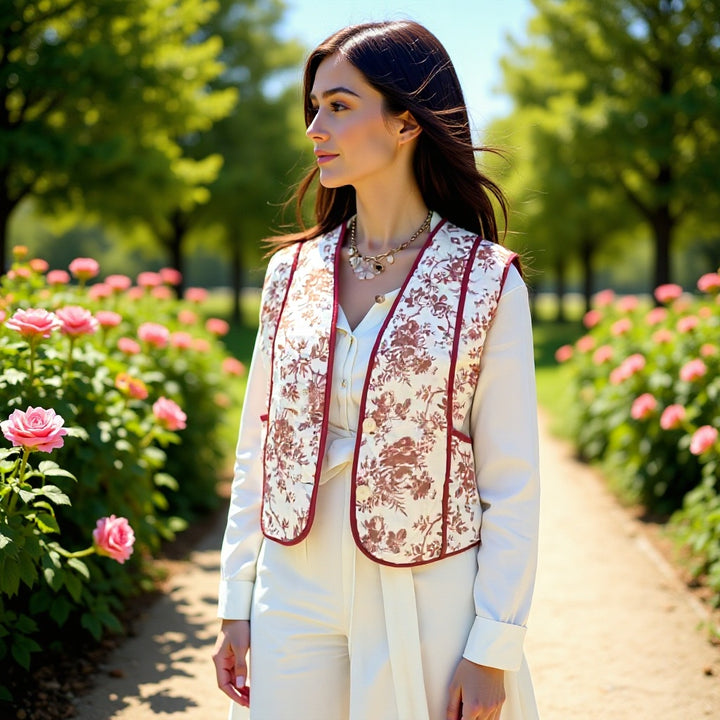 Damen Gesteppte Weste im Landhausstil mit floraler Toile‑Optik und Eingrifftaschen Echo Archiv
