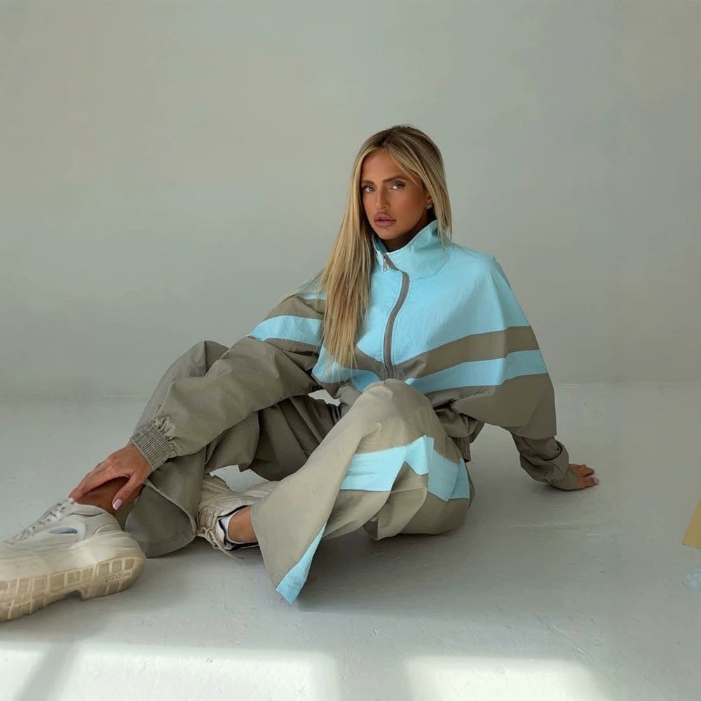 Damen Oversize-Trainingsanzug-Set mit Stehkragen und Kontraststreifen Echoarchiv