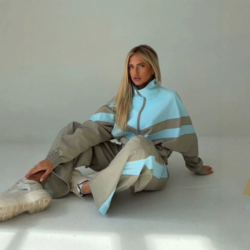Damen Oversize-Trainingsanzug-Set mit Stehkragen und Kontraststreifen Echoarchiv