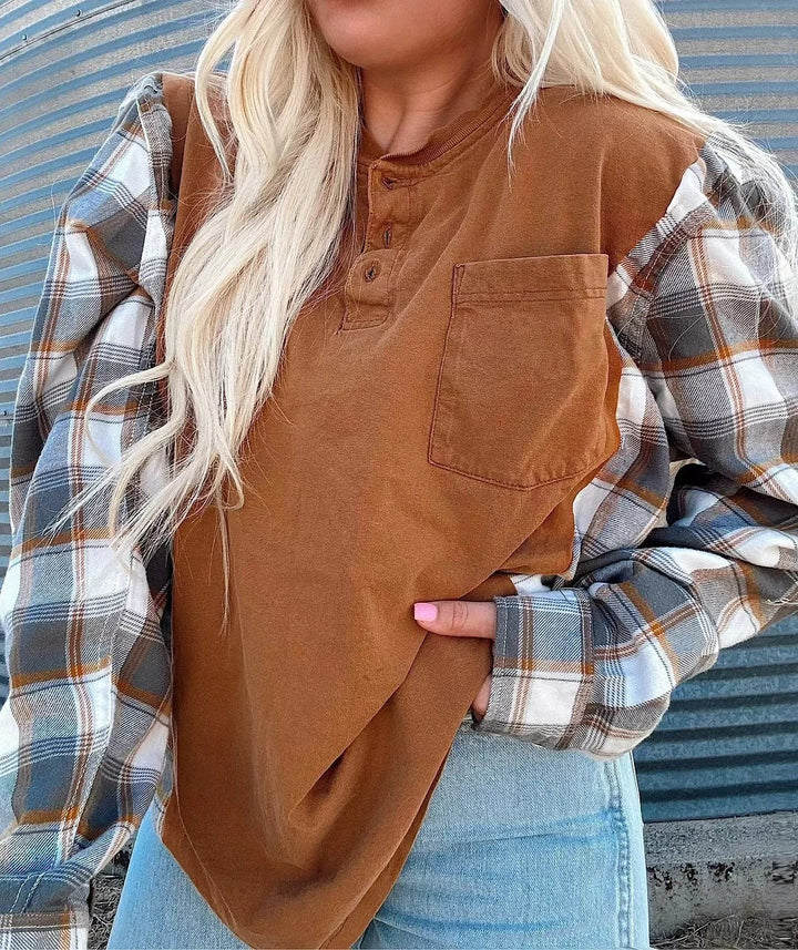 Damen nan weiter Henleypullover im Lagenlook mit karierten Ärmeln und Brusttasche Echo Archiv