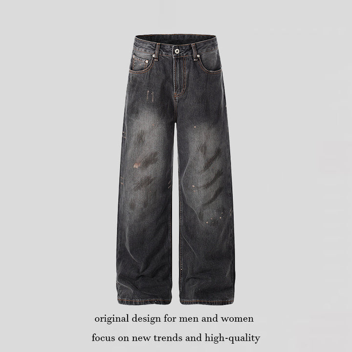 Damen Hochgeschnittene Weite Distressed-Denim Culotte-Jeans mit Paint-Splatter und Used-Effekt Echoarchiv