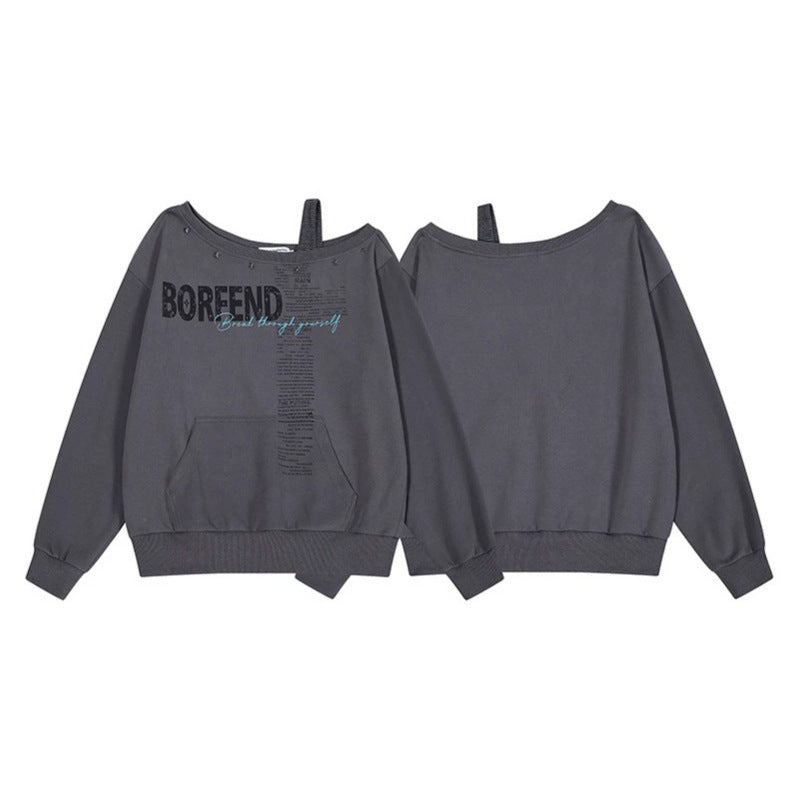 Damen Oversize-Sweatshirt mit asymmetrischem One-Shoulder-Träger, Kängurutasche und Nieten Echoarchiv