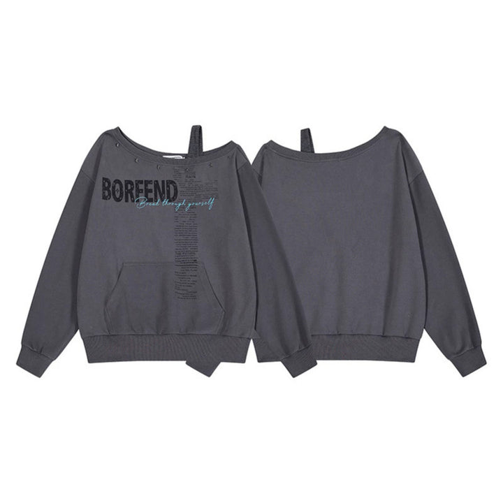 Damen Oversize-Sweatshirt mit asymmetrischem One-Shoulder-Träger, Kängurutasche und Nieten Echoarchiv