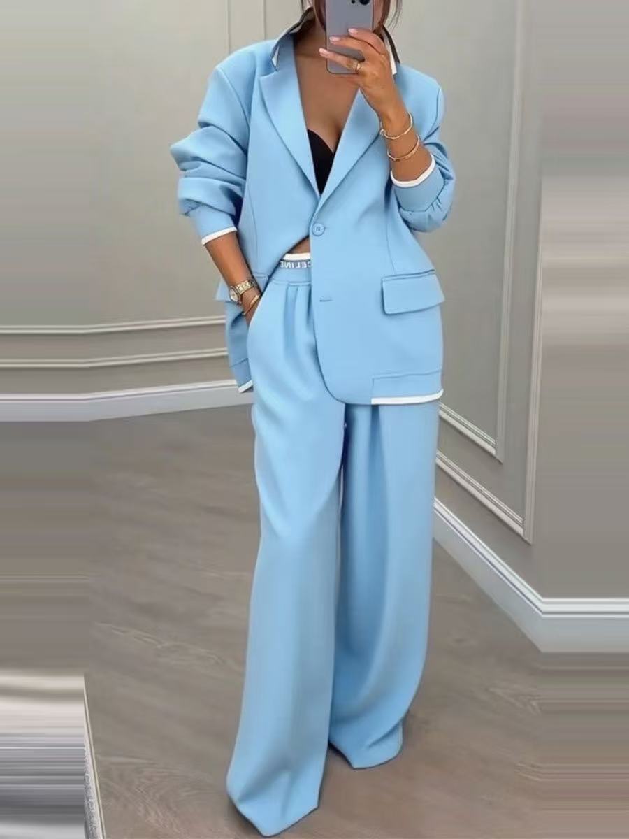 Damen Oversize-Tailoring-Set mit Kontrastpaspel, Single-Button-Blazer und hochgeschnittener Weitbeinhose – Valéne