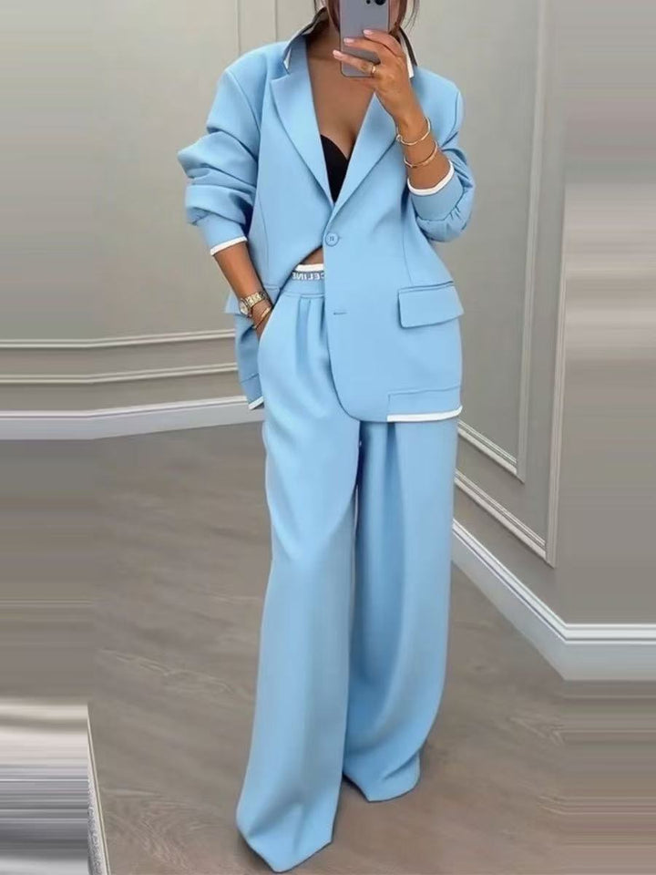 Damen Oversize-Tailoring-Set mit Kontrastpaspel, Single-Button-Blazer und hochgeschnittener Weitbeinhose – Valéne