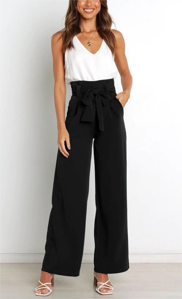 Damen Weite High-Waist Paperbag-Hose mit Bundfalten und Bindegürtel – Avélisse