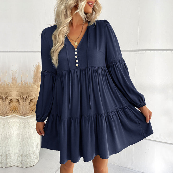 Damen Weiches Stufen-Minikleid mit V-Ausschnitt, Knopfleiste und Ballonärmeln Echoarchiv