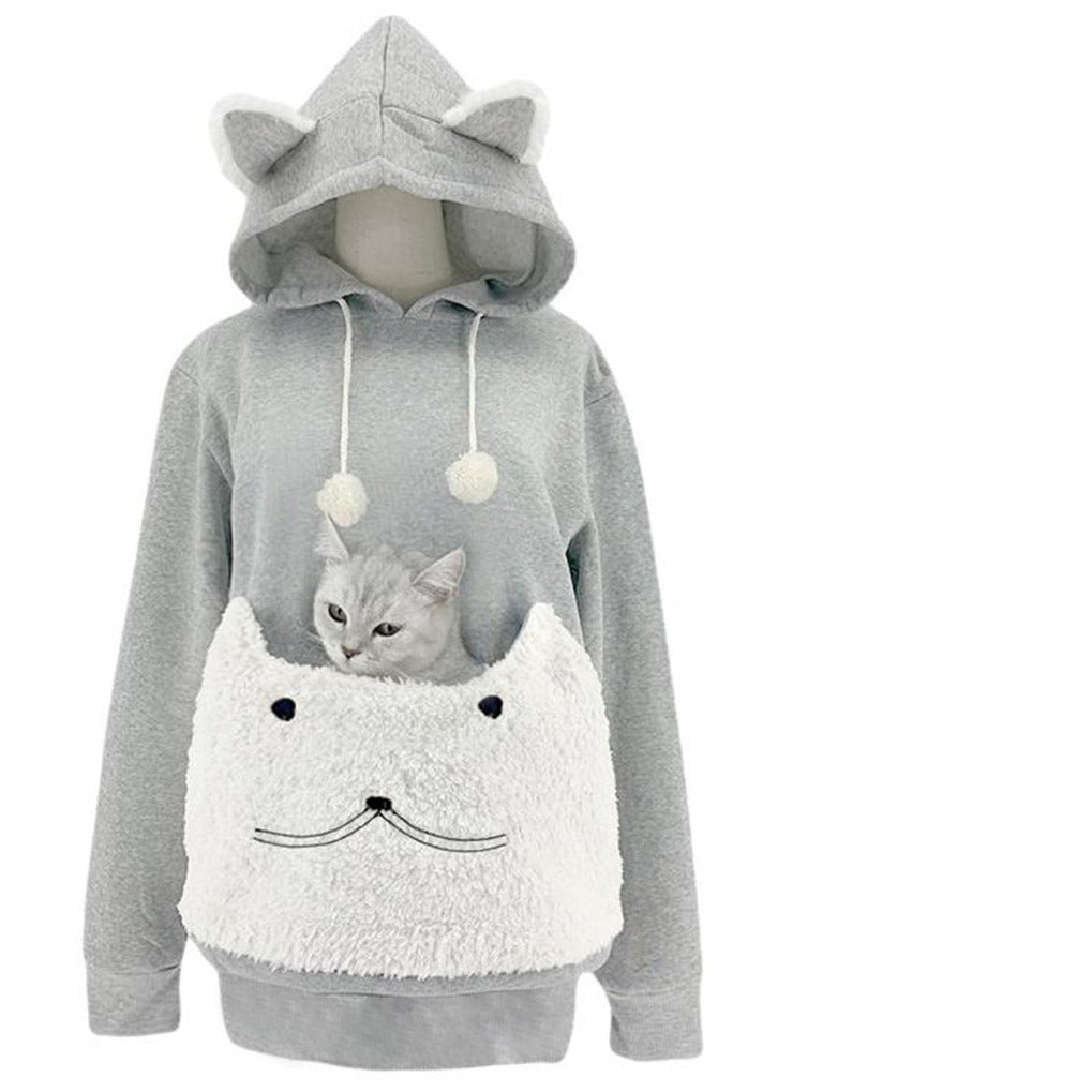 Damen Kuscheliger Kapuzenpullover mit Katzenmotiv und praktischer Känguru-Tasche Echoarchiv
