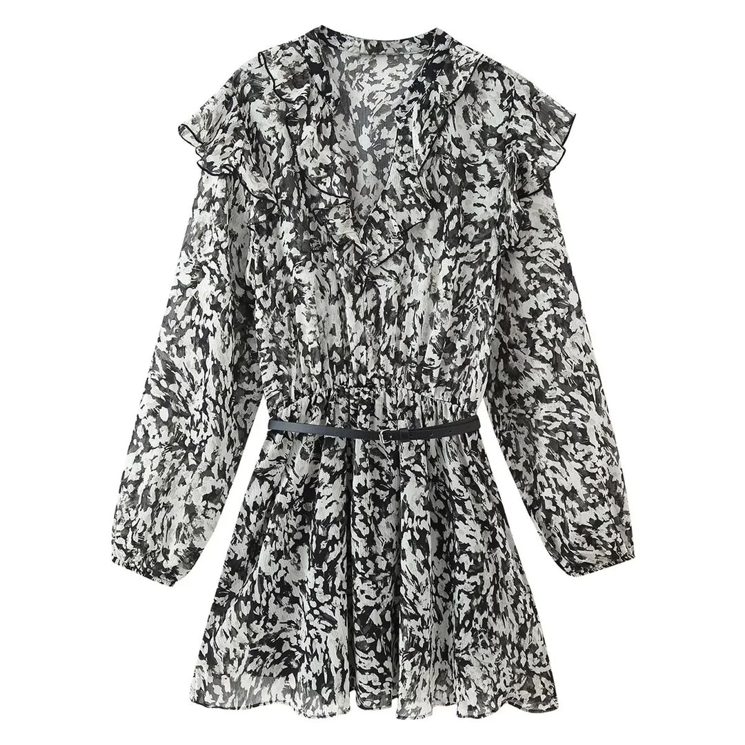 Damen geblümtes Volant-Chiffon-Minikleid mit Rüschen-V-Ausschnitt elastischer Taillenpartie und zartem Gürtel – Élara