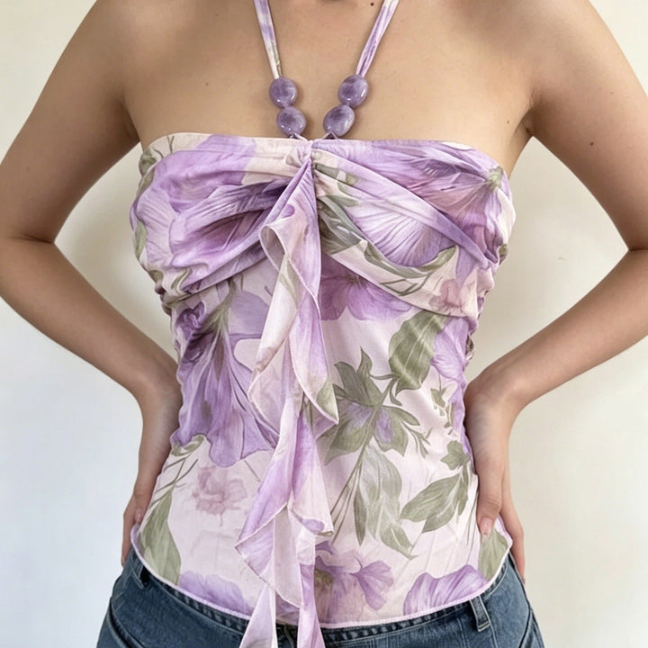 Damen Spaghetti-Trägertop mit floralen Einsätzen und transparenten Rüschen Echo Archiv