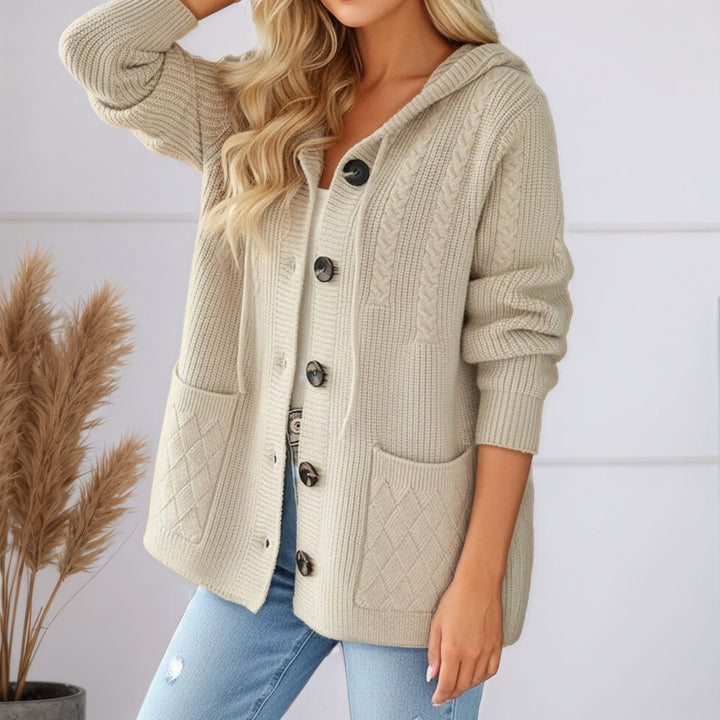 Damen nan gerippter Kapuzen-Strickcardigan mit Zopfmuster, großen Holzknöpfen und aufgesetzten Taschen Echo Archiv