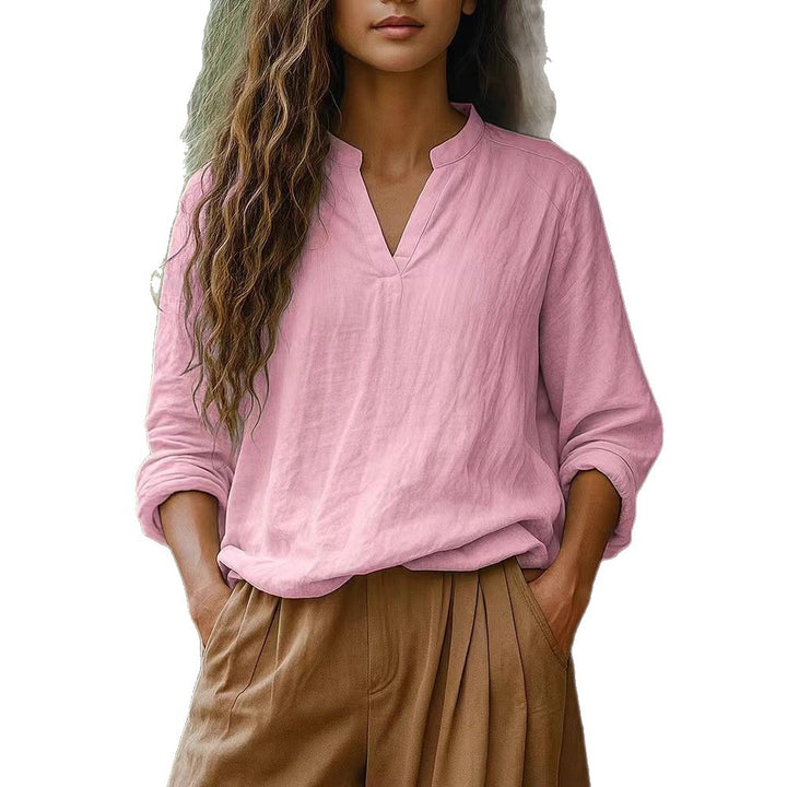 Damen Casual Tunika-Bluse in Leinenoptik mit kleinem Stehkragen und V‑Schlitz – Élovi