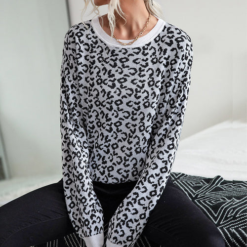 Damen Leichter Strukturstrick-Pullover mit Leoparden-Jacquard und geripptem Rundhalsausschnitt Echoarchiv