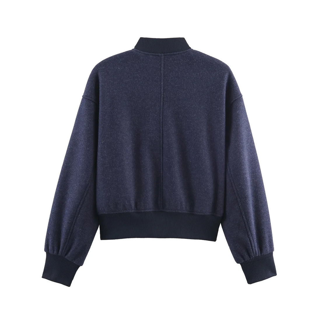 Damen kastig geschnittene Wolloptik-Collegejacke mit verdeckter Druckknopfleiste und seitlichen Schubtaschen – Célinea