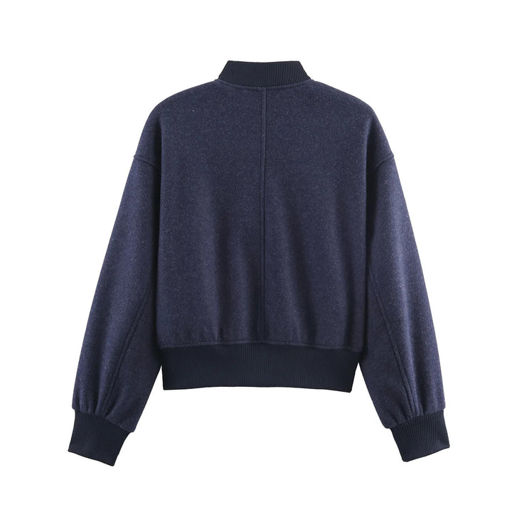 Damen kastig geschnittene Wolloptik-Collegejacke mit verdeckter Druckknopfleiste und seitlichen Schubtaschen – Célinea