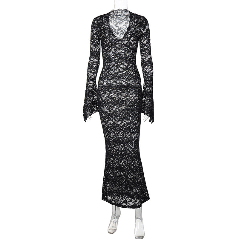 Damen Figurbetontes Spitzenkleid mit tiefem V-Ausschnitt und nostalgischen Puffärmeln Echo Archiv