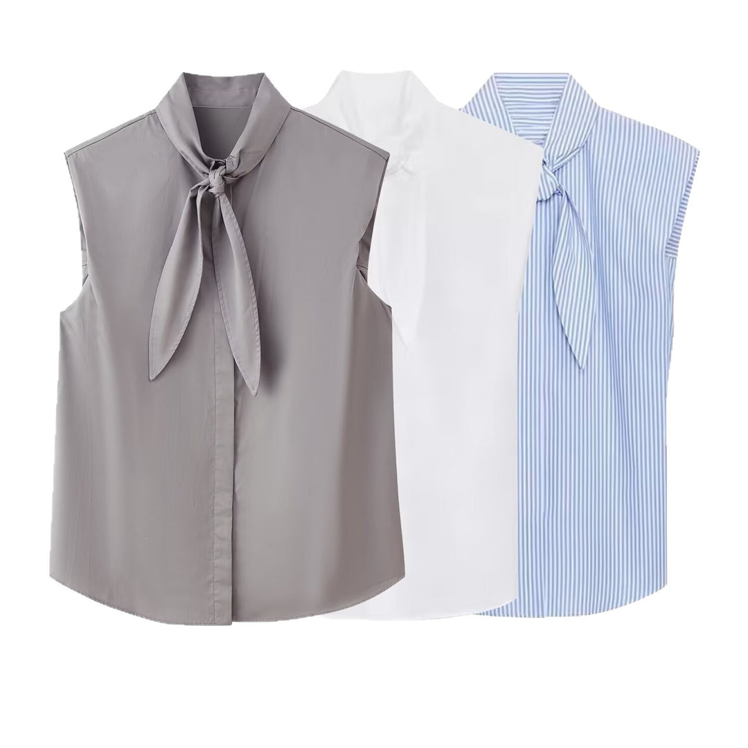 Damen Ärmellose Popeline-Bluse mit Schluppenkragen und Nadelstreifen Echoarchiv