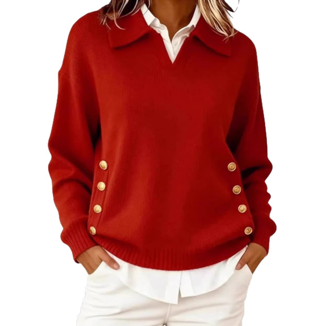 Damen Modischer Strickpullover mit Kragen und Knopfdetails – Mavelle