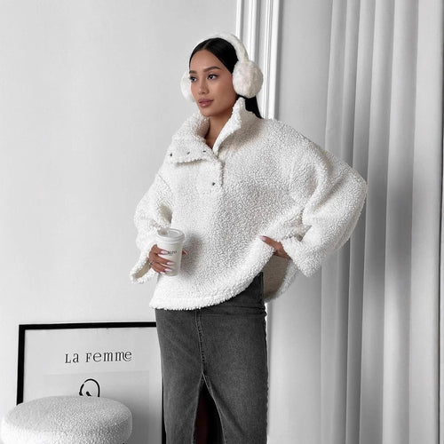 Damen Oversized Teddy-Pullover mit halber Druckknopfleiste und Stehkragen Echoarchiv