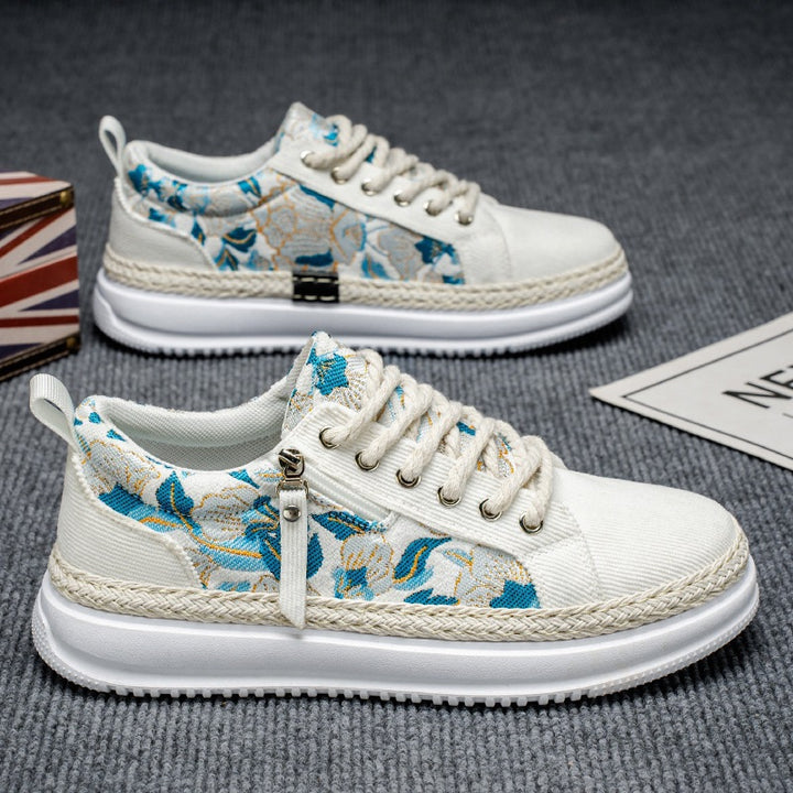 Damen gestickte Espadrille-Plateau-Sneaker mit floralem Jacquard, geflochtener Kordelsohle und gepolstertem Innenfutter Echo Archiv