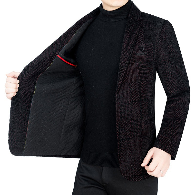 Herren Slim-Fit Samtstruktur-Sakko mit Glencheck-Optik – Tianoro