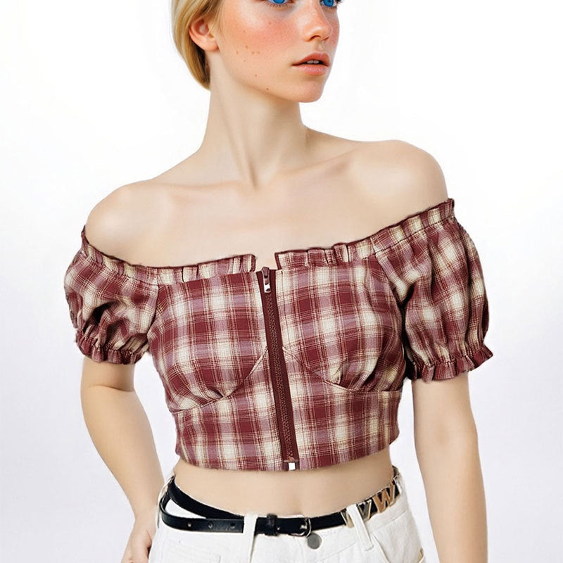Damen Cropped Bluse mit Puffärmeln und Reißverschluss Echo Archiv