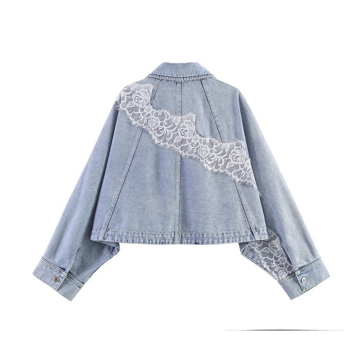 Damen Kurz geschnittene Jeansjacke mit Spitzenapplikation und Oversize-Kimonärmeln Echo Archiv
