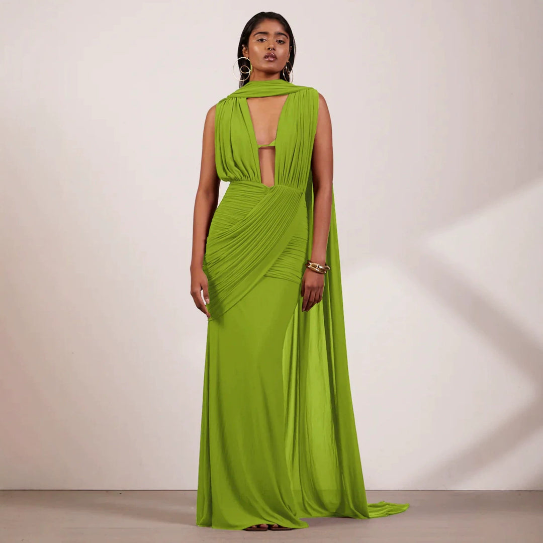 Damen bodenlanges Wickelkleid mit raffinierten Drapierungsdetails und elegantem V-Ausschnitt Echo Archiv