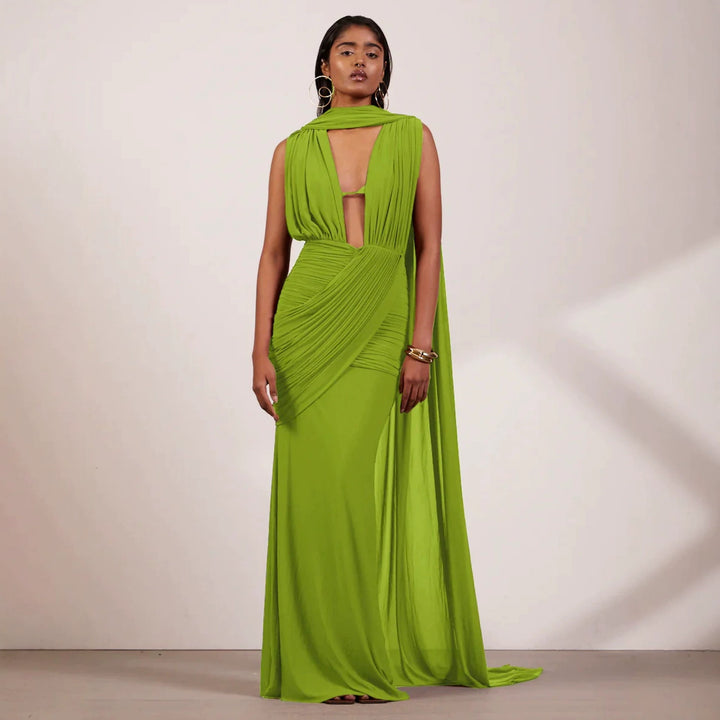 Damen bodenlanges Wickelkleid mit raffinierten Drapierungsdetails und elegantem V-Ausschnitt Echo Archiv