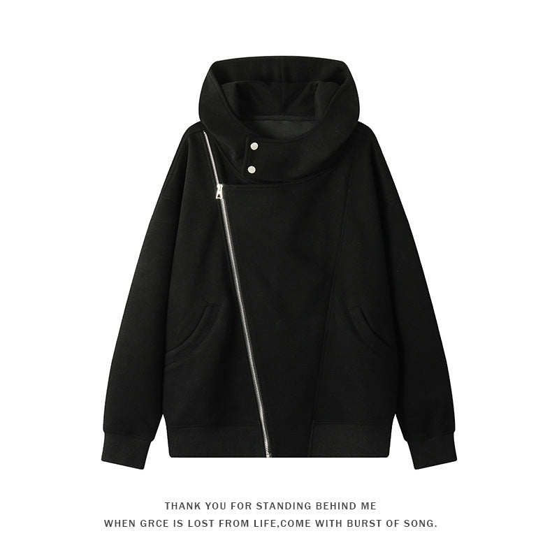 Damen nan asymmetrischer Kapuzenpullover mit hohem Kragen, diagonalem Reißverschluss und Kängurutaschen Echo Archiv