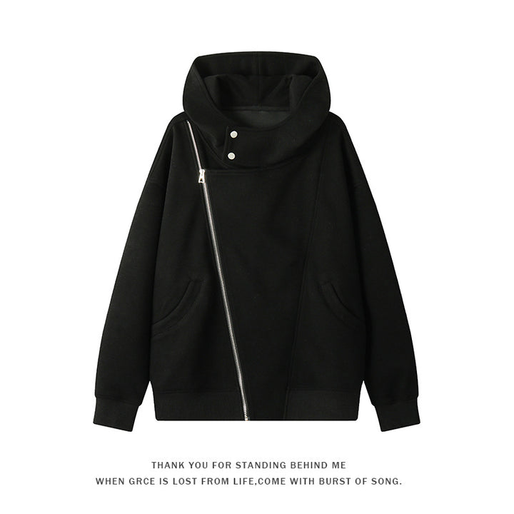 Damen nan asymmetrischer Kapuzenpullover mit hohem Kragen, diagonalem Reißverschluss und Kängurutaschen Echo Archiv