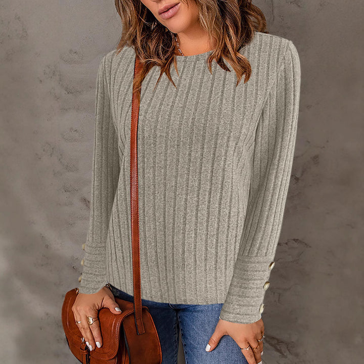 Damen Gerippter Feinstrickpullover mit Rundhalsausschnitt und Zierknopf‑Manschetten Echoarchiv