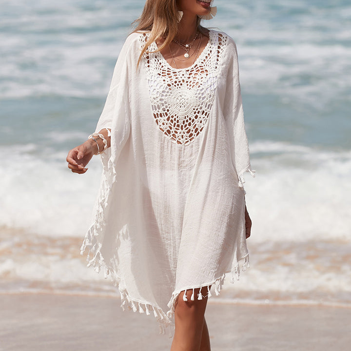 Damen Häkel-Strandüberwurf mit fransigem Saum und elegantem Lochmuster Echo Archiv