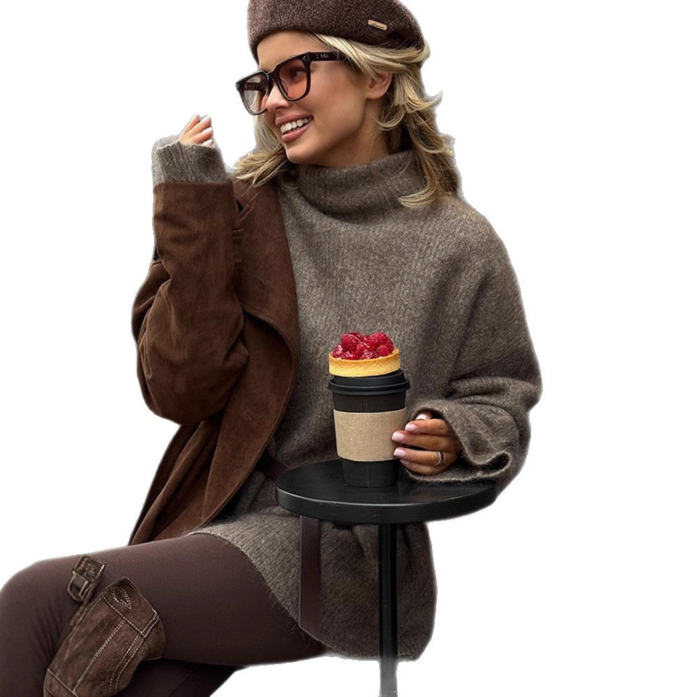 Damen Oversize Mohair-Mix Rollkragen-Pulloverkleid mit Ballonärmeln und Taillengürtel Echoarchiv