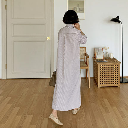 Damen Zweiteilig wirkendes Hemdkleid im Lagenlook mit Streifenpassé, kontrastiertem Rockteil und seitlichem Schlitz – Maréline