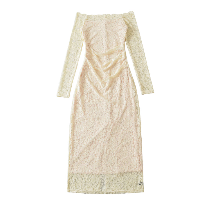 Damen Schulterfreies Spitzenkleid mit Taillenraffung und Langarm Echoarchiv