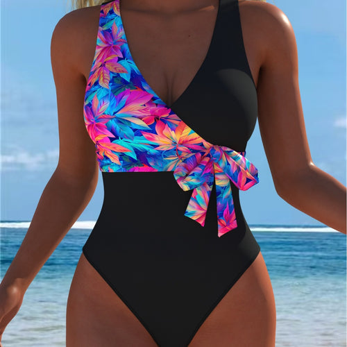Damen Einteiler Badeanzug mit femininem Wickeldetail und auffälligem Floral-Design Echo Archiv