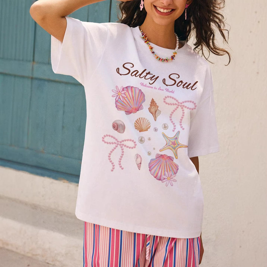 Damen Grafik T-Shirt mit maritimem Muschelmotiv und legerem Schnitt Echo Archiv
