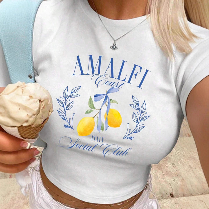 Damen T-Shirt mit frischem Obstmotiv und modernem Schriftzug Echo Archiv