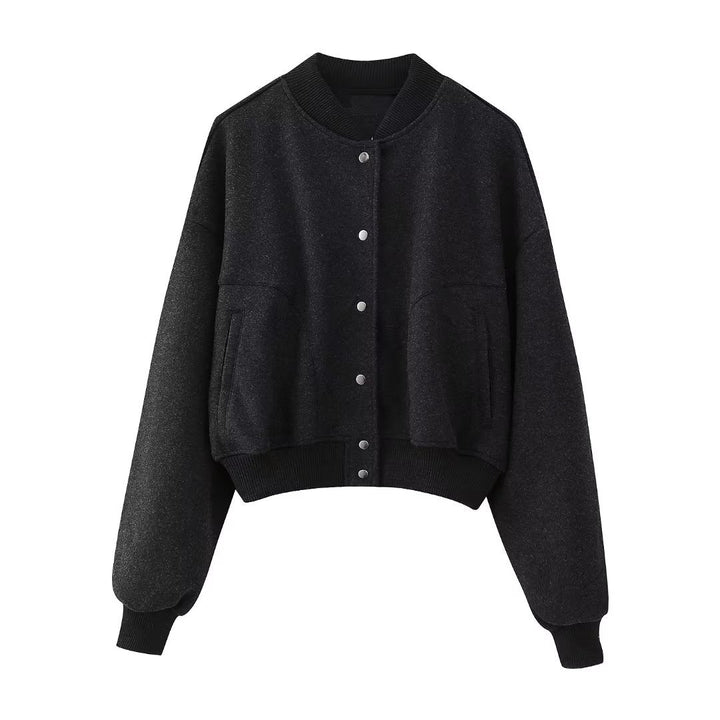 Damen kastiges Cropped Blouson aus Sweat mit Raglanärmeln, verdeckter Druckknopfleiste und breitem Rippbund – Avérine
